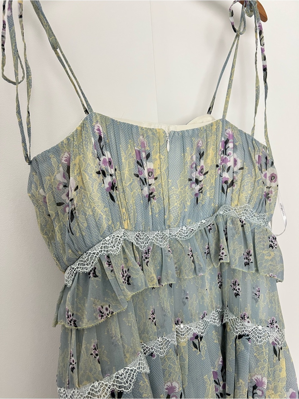 Self Portrait Tiered Midi Dress Floral Lace Printed Chiffon Mint Pastel 8 $495 - Picture 10 of 13